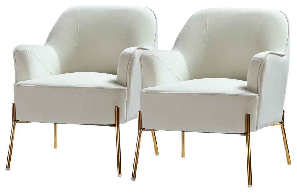Nora Upholstered Velvet Accent Chair With Golden Base Set of 2, Ivory