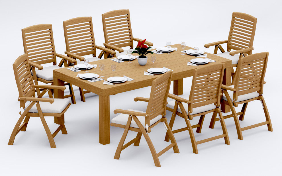 9-Piece Outdoor Teak Dining Set: 86" Rectangle Table, 8 Ashley Folding Arm Chair
