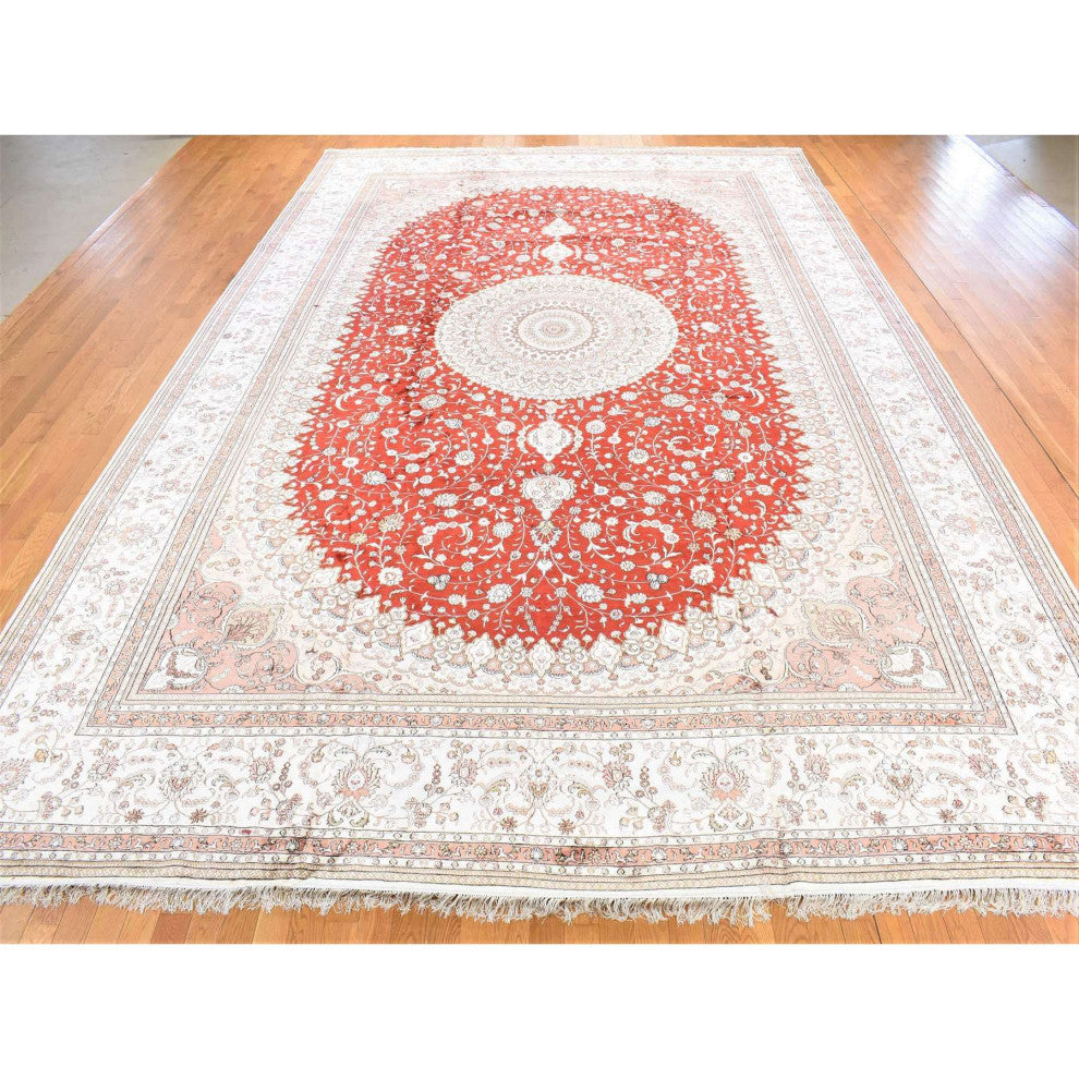 Red Sino Tabriz 250 KPSI Clearance Hand Knotted Silken Oversized Rug 12'0"x18'4"
