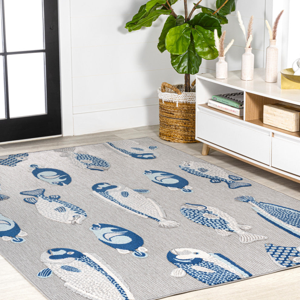 Algarve Modern Fish High-Low Indoor/Outdoor Area Rug, Gray/Navy, 5 X 8