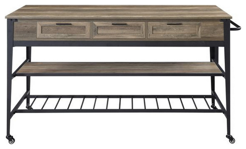 Benzara BM251155 3 Tier Kitchen Island, 3 Drawers/Lockable Caster, Brown/Black