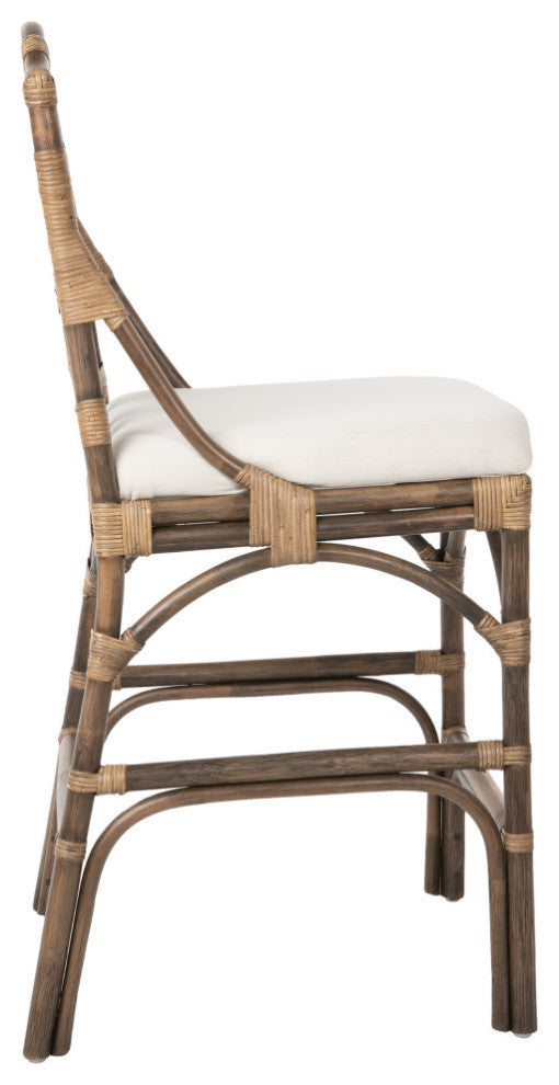 Chippendale Rattan Counter Stool, Antique Brown and Off-White Upholstery