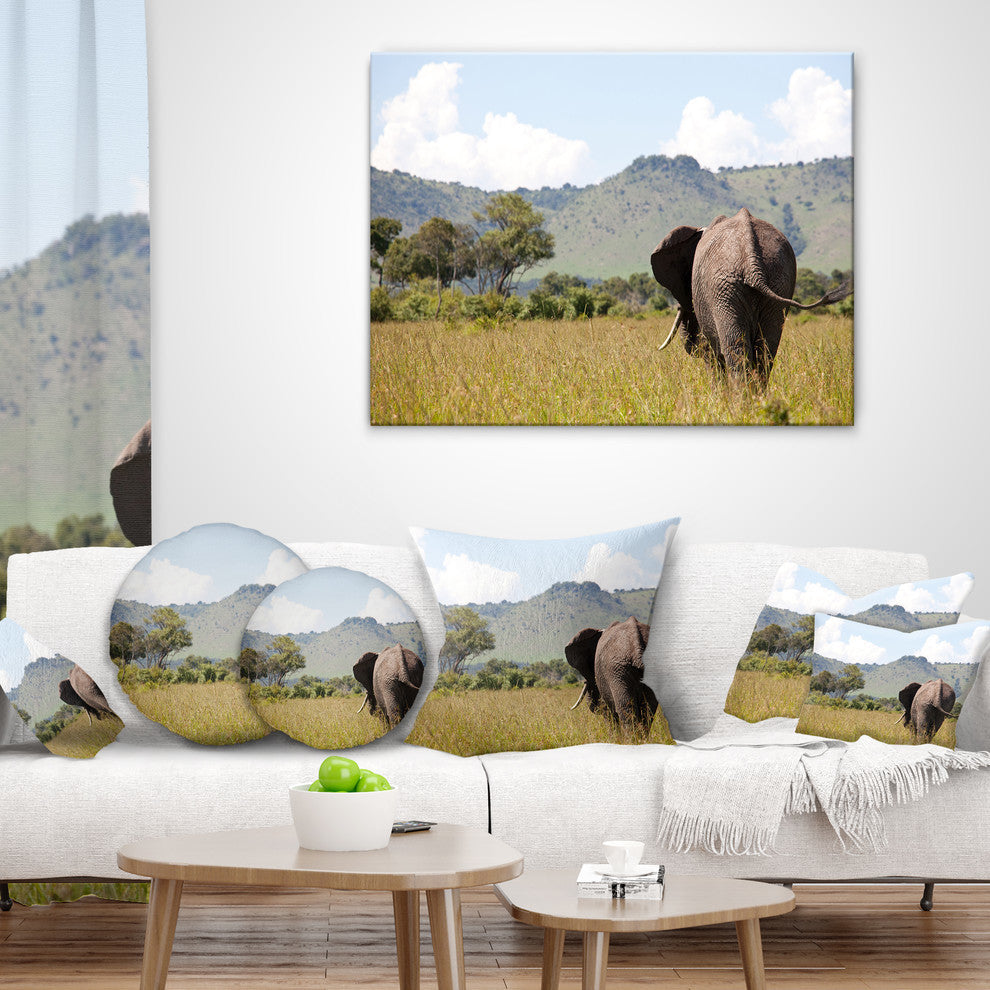 Retreating Elephant in Savannah African Throw Pillow, 16"x16"