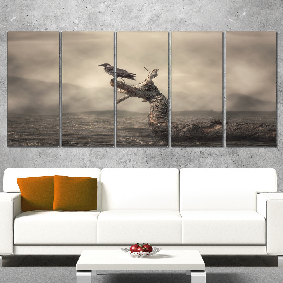 Crow Perching on Tree, Animal Canvas Art Print, 60"x28", 5 Panels