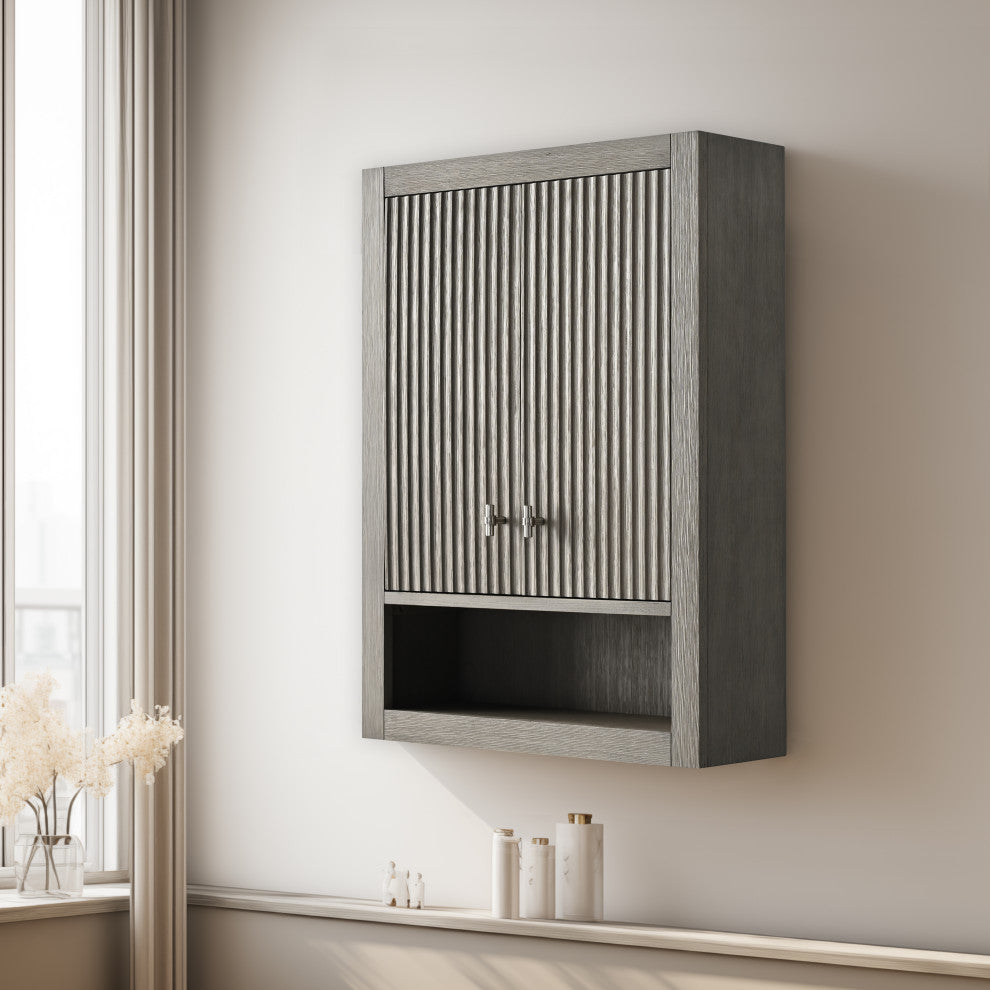 Vanity Art 24" Wall Mounted Bathroom Storage Cabinet, Linear Driftwood Gray, Brushed Nickel Handle