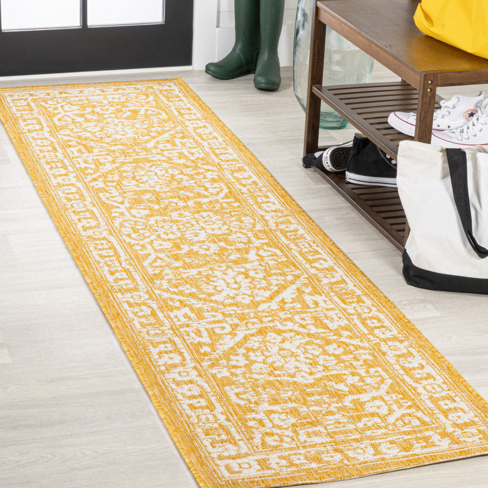 Malta Boho Medallion Textured Weave Indoor/Outdoor, Yellow/Cream, 2x8