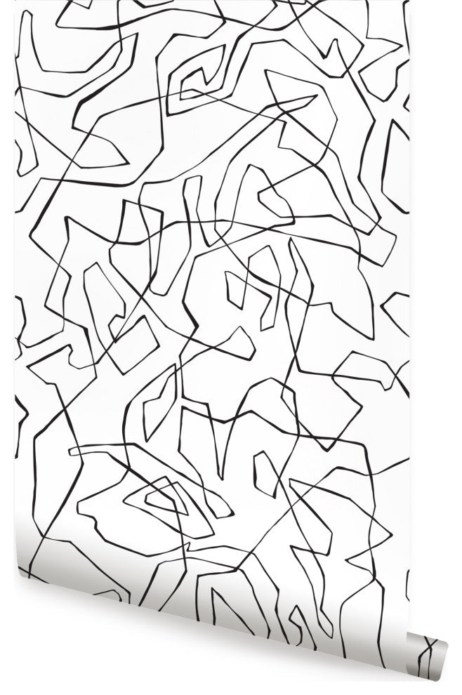 Entangled Lines Abstract Peel and Stick Vinyl Wallpaper, Black, 24"x108"