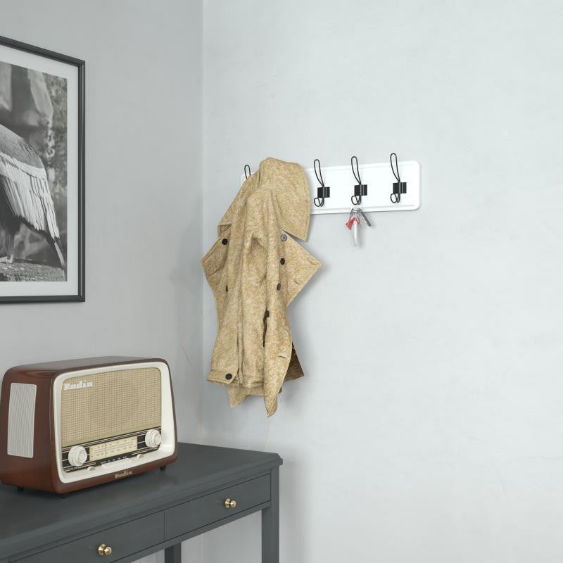 24 Inch Wall Mounted Solid Wood Storage Rack with 5 Hanging Hooks, White