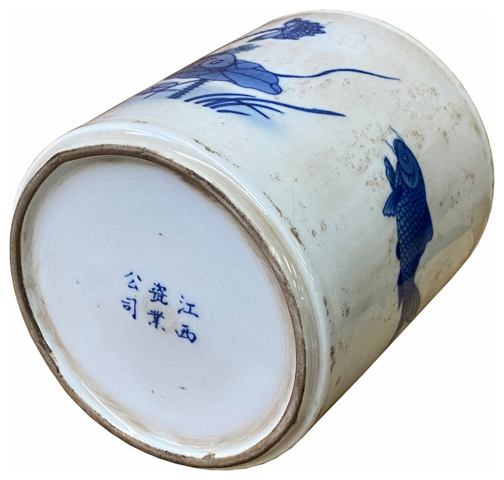 Chinese Distressed White Porcelain Blue Fishes Graphic Holder Vase Hws1845