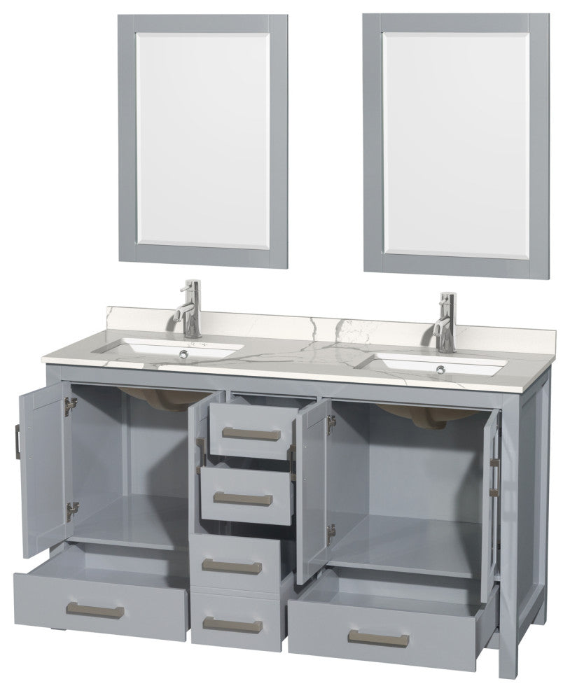 Sheffield 60" Gray DBL Vanity, Calacatta Quartz Top, Square Sinks, 24" Mirrors