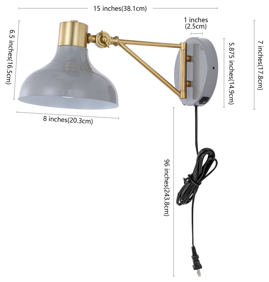 Lynn Swing Arm 1-Light Modern Midcentury Iron USB Charging Port LED Sconce, Gray