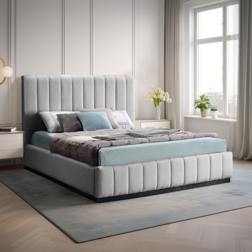 Lucia Beige Linen Textured Fabric Full Bed, Gray, Queen, Black Finish