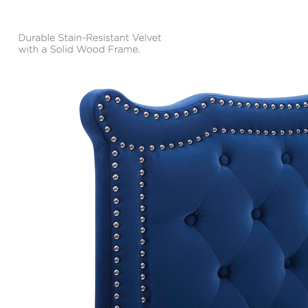 Tufted Headboard, Nailhead, Twin Size, Blue Navy, Velvet, Modern, Guest Suite