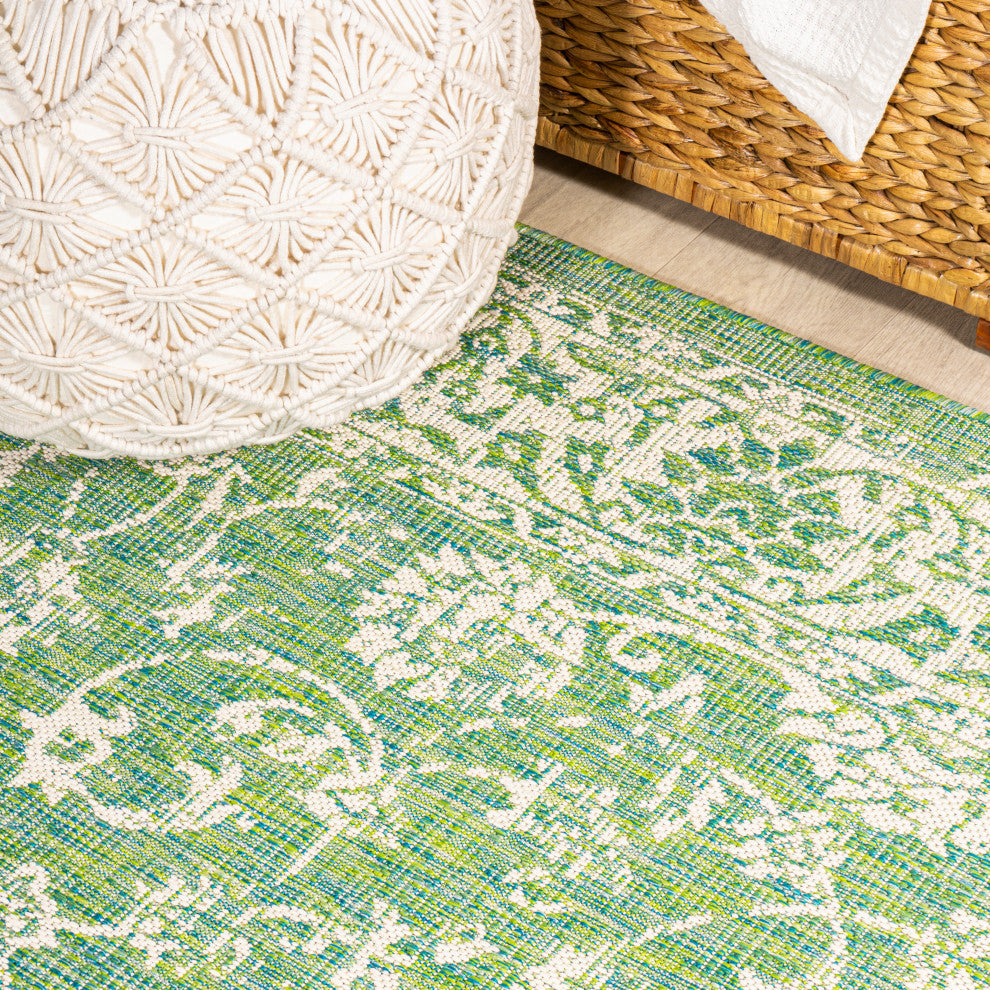 Tela Boho Textured Weave Floral Indoor/Outdoor Rug, Cream/Green, 2 X 8