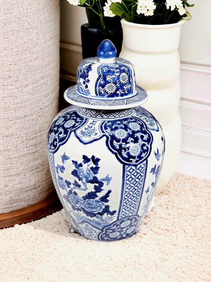 17" Porcelain Ginger Jar With Floral Design, Blue and White