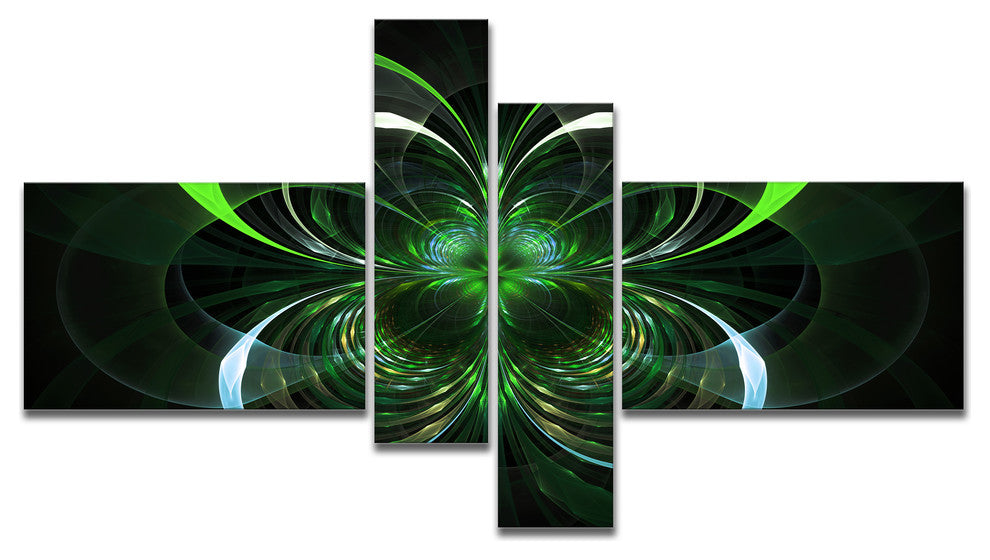 Green Fractal Flower in Dark, Green, Floral Art Canvas Print, 60"x32", 4 panels