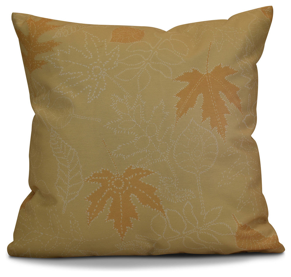 Dotted Leaves Floral Print Outdoor Pillow, Gold, 16"x16"