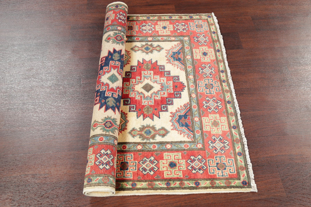 Kazak Oriental Traditional Hand Made Area Rug Pakistani, Beige, 4'9"x3'4