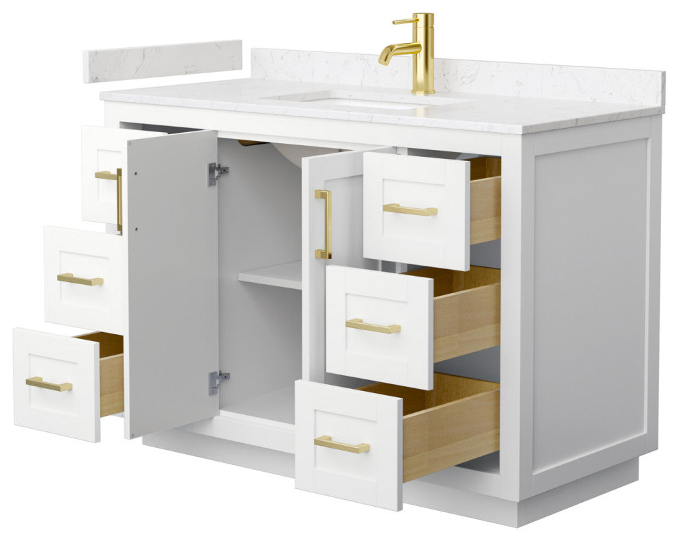 48" Single Vanity White, Light-Vein Carrara Cult Marble Counter, Sink, Gold Trim
