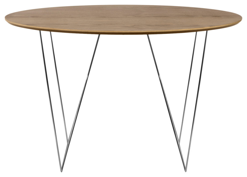 Round Contemporary Wood Top Dining Table, Walnut Top/Chrome