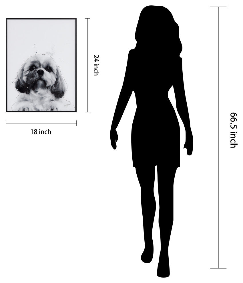 "Shih-Tzu" Black and White Pet Paintings on Printed Glass With Anodized Frame
