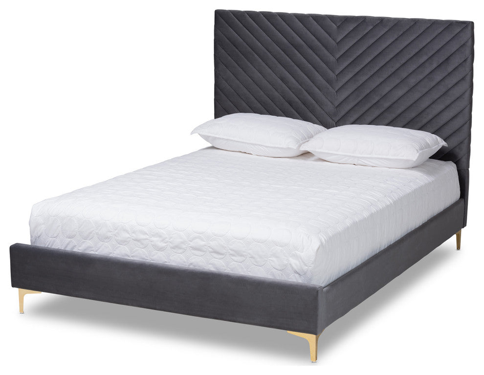 Sofi Glam and Luxe Velvet Upholstered Platform Bed, Gray/Gold, Queen