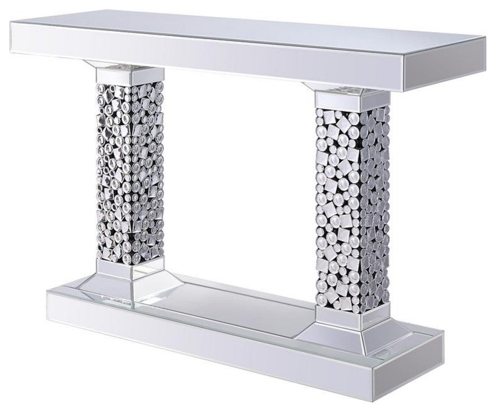 Wood and Mirror Console Table With Two Pedestal Base, Clear and Black
