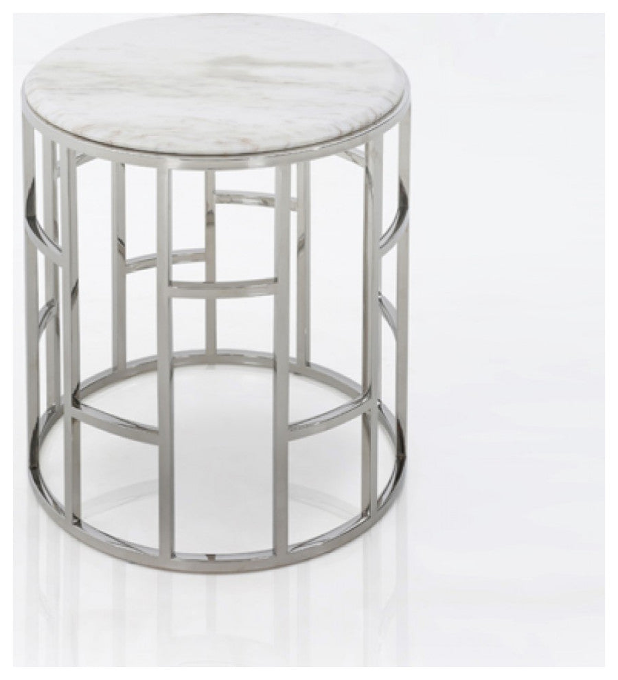 Stylish Silver And White Marble Round Geometric End or Side Table