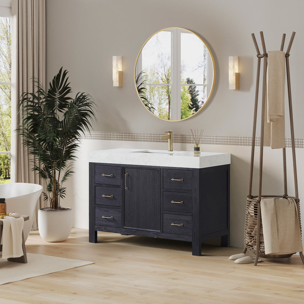 Leon Bath Vanity With Composite Stone Top, Fir Wood Black, 48", With Mirror