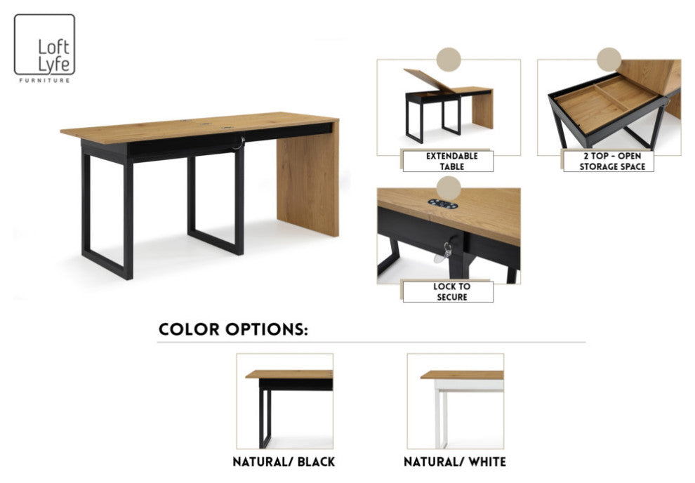 Loft Lyfe Arwen Desk, Extendable, Space Saving Design, Natural/Black