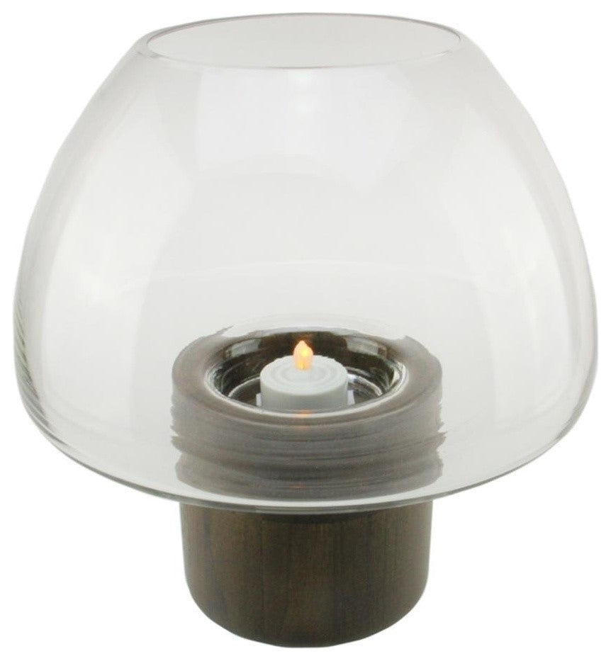9.75" Transparent Glass Pillar Candleholder With Wooden Base, Clear