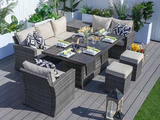 7-Piece Patio Sofa Set with Firepit and Ice Container Dining Table, Grey