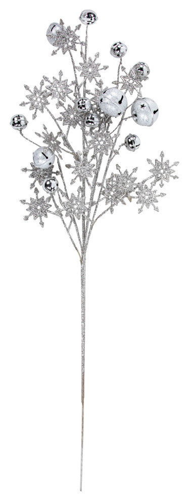 34" Silver Jingle Bells & Glitter Drenched Snowflakes Artificial Christmas Spray