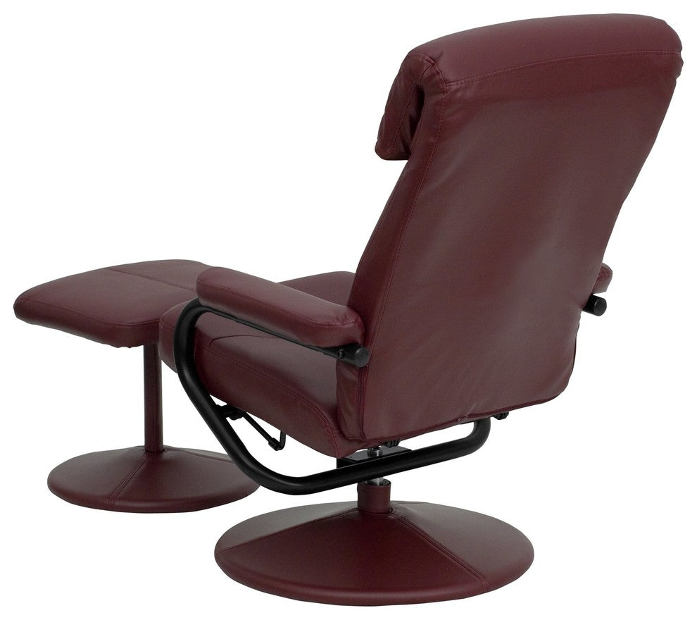 Burgundy Leather Recliner and Ottoman With Leather Wrapped Base
