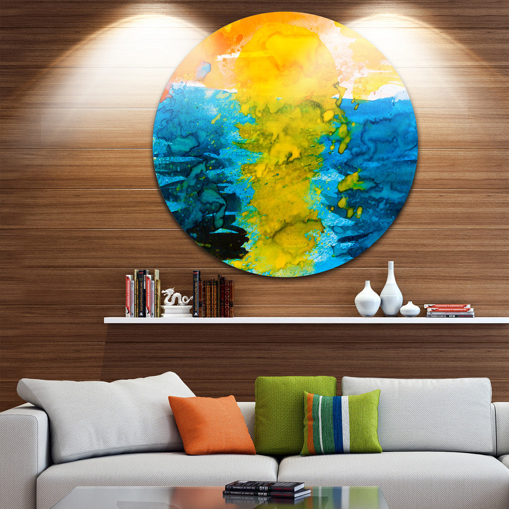 Sea Texture In Yellow Blue, Abstract Painting Round Metal Wall Art, 23"