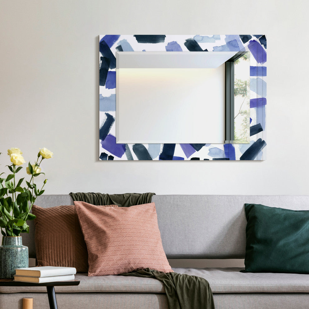 "Cerulean"Beveled Mirror on Printed Abstarct Tempered Art Glass, 40x30"