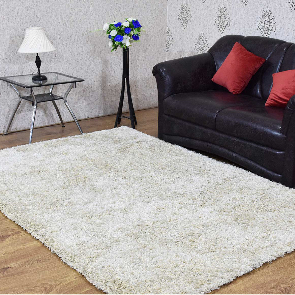 HAND TUFTED SHAG POLYESTER ECO-FRIENDLY AREA RUGS, White Color, Solid Design