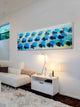 "Umbrellas Blue" Painting Print on White Wood, 45"x15"
