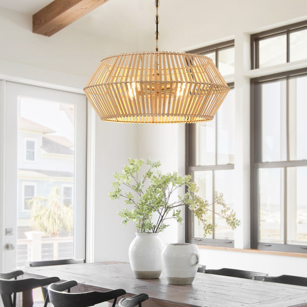 22" W 4 Light Bohemian Bamboo Chandelier With Brass Canopy