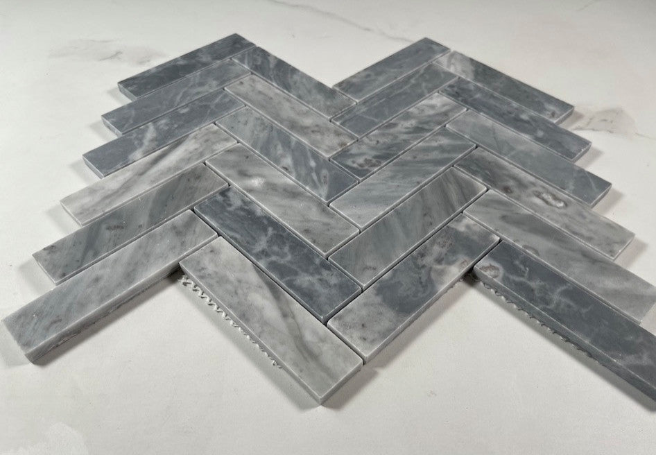 Bardiglio Gray Marble 1x4 Herringbone Mosaic Tile Polished, 1 sheet