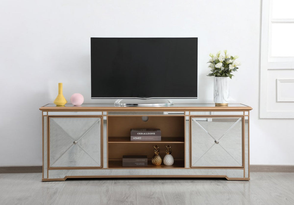 Elegant MF60172G Modern 72" Mirrored Tv Stand, Antique Gold