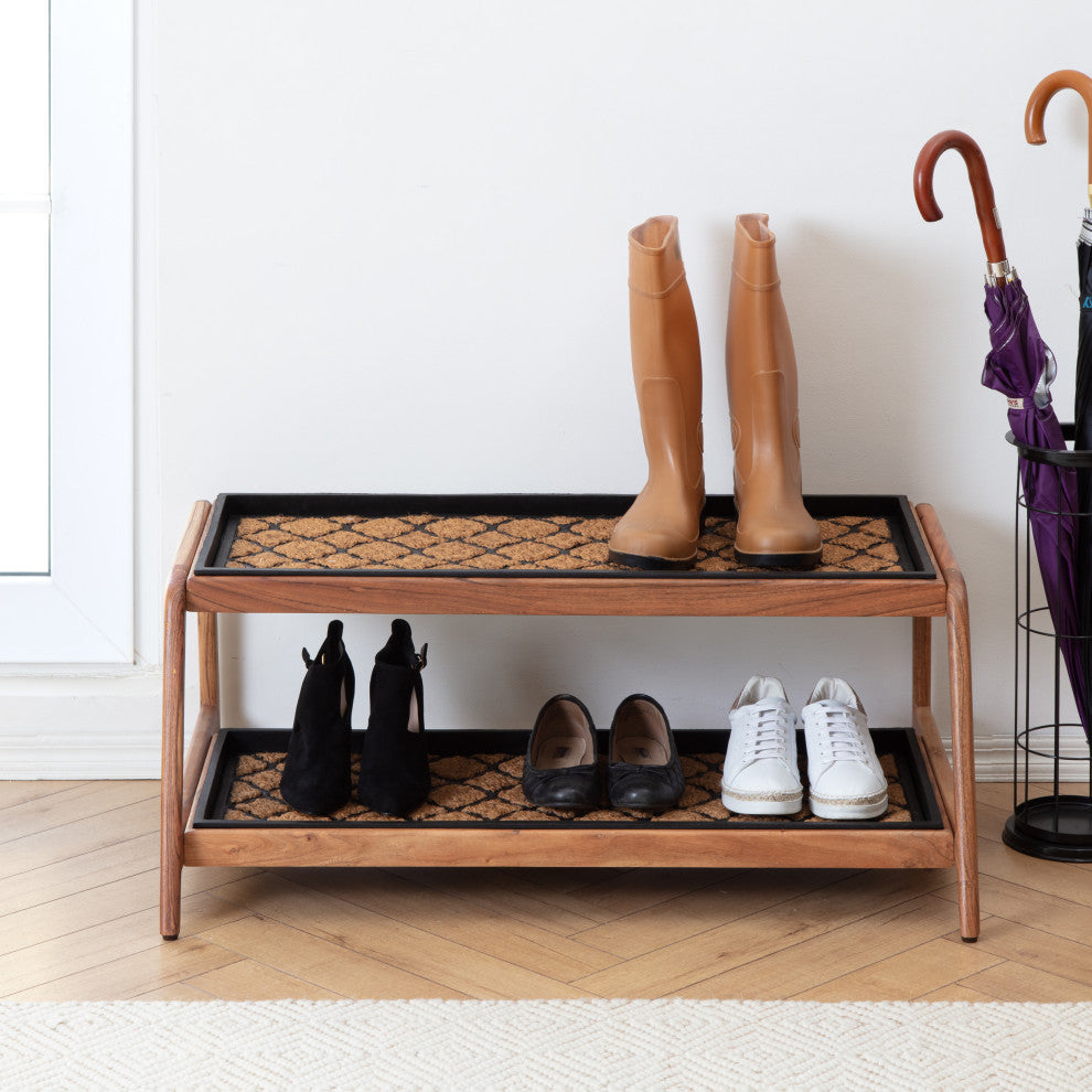 Double-Tier Natural Stand With 3-Pair Rubber Boot Trays Shangri-La