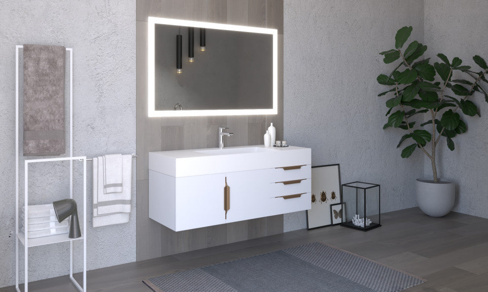 CastelloUSA Amazon 48" Wall Mounted Vanity Set, White, White Top, Gold Handles