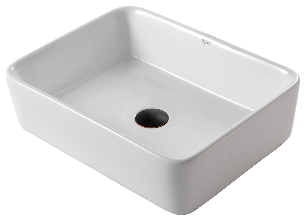 Elavo Ceramic Rectangle Vessel White Sink, PU Drain Oil Rubbed Bronze
