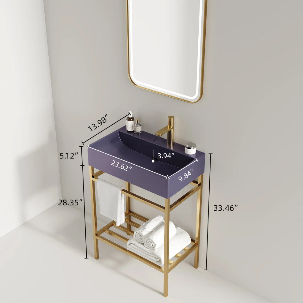 24" Freestanding Bathroom Vanity Set With Glossy Ceramic Basin, Gold