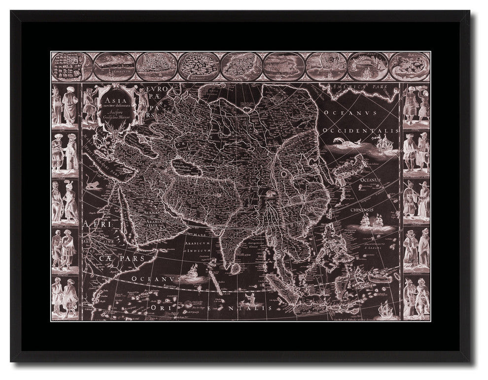 Asia Vintage Vivid Sepia Map Print On Canvas With Black Custom Frame, 28" X 37"