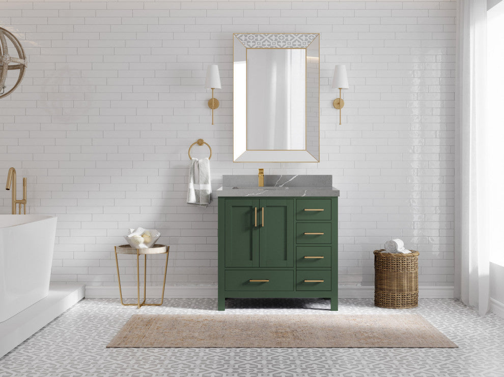Malibu 36 Left Offset Bath Vanity in Lafayette Green 2" Piatra Gray