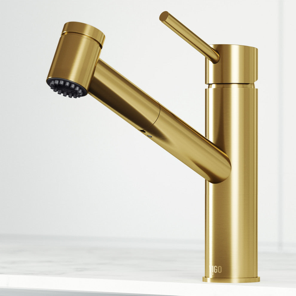 VIGO Branson 9" H Single Handle Pull-Out Sprayer Kitchen Faucet, Matte Brushed Gold, Without Extras