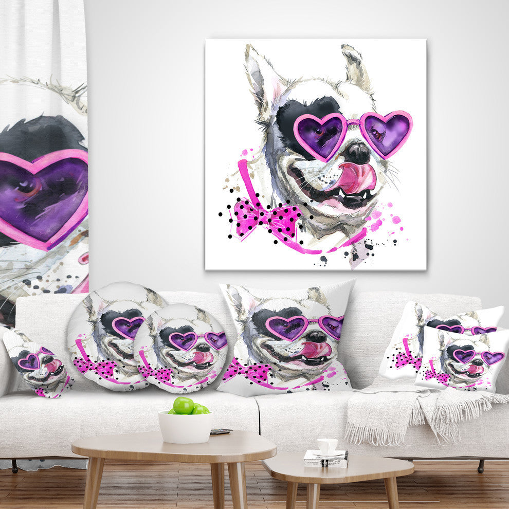 Funny Dog With Heart Glasses Animal Throw Pillow, 18"x18"