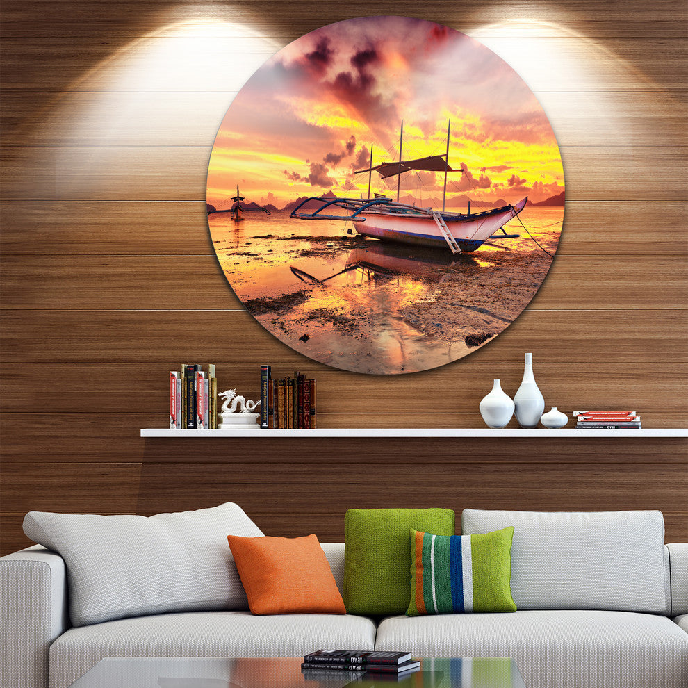 Beautiful Boat Under Yellow Sky, Seashore Disc Metal Artwork, 38"